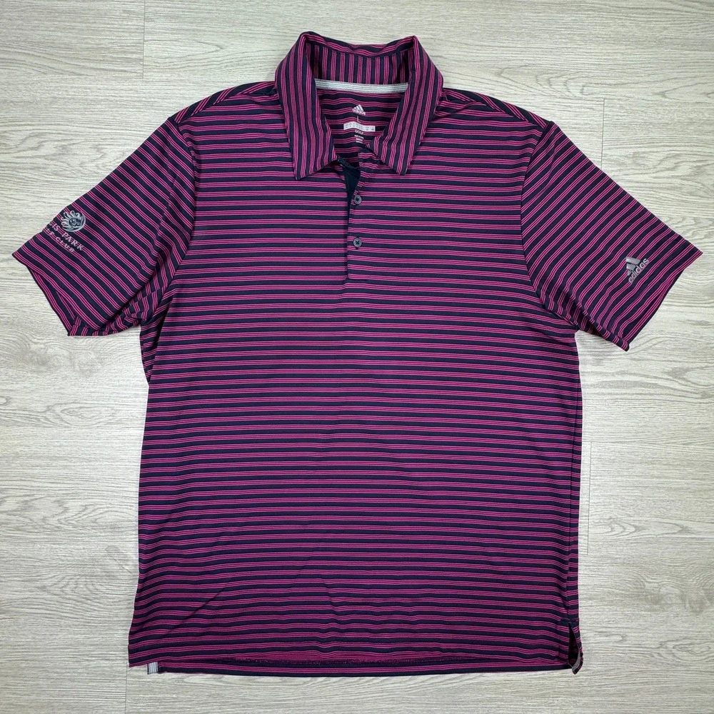 Adidas Men's Golf Polo Shirt Striped Pink Navy Blue Large Talis Park Golf Club